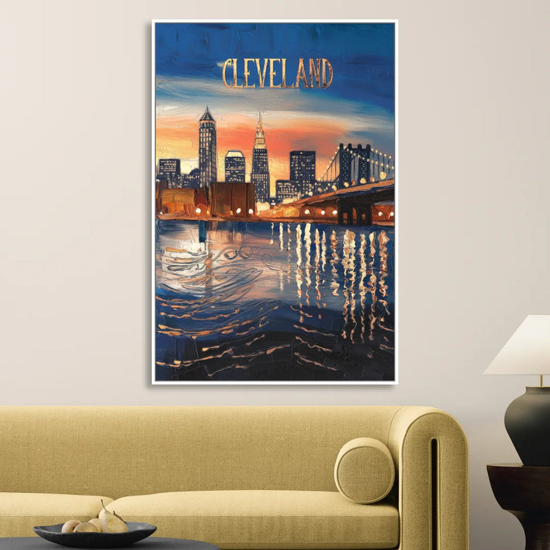 Cleveland Cityscape Panoramic Living Room - White Canvas Wall Art