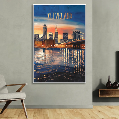Cleveland Cityscape Panoramic Sitting Room - White Canvas Wall Art