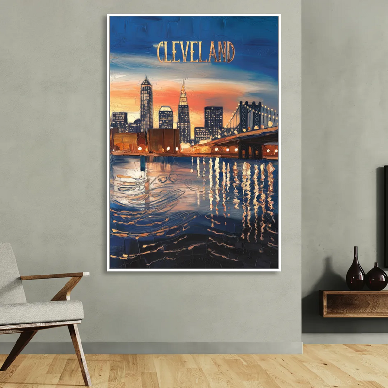 Cleveland Cityscape Panoramic Sitting Room - White Canvas Wall Art