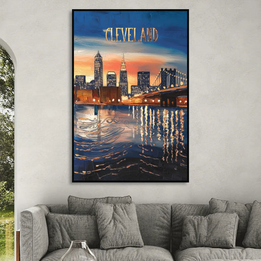 Cleveland Cityscape Panoramic Living Room - Black Canvas Wall Art