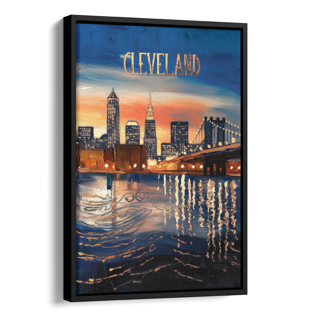Cleveland Cityscape Panoramic Side - Black Canvas Wall Art