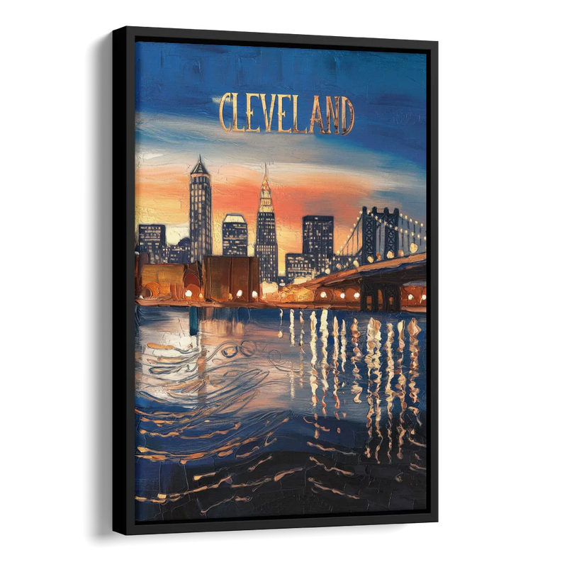 Cleveland Cityscape Panoramic Side - Black Canvas Wall Art