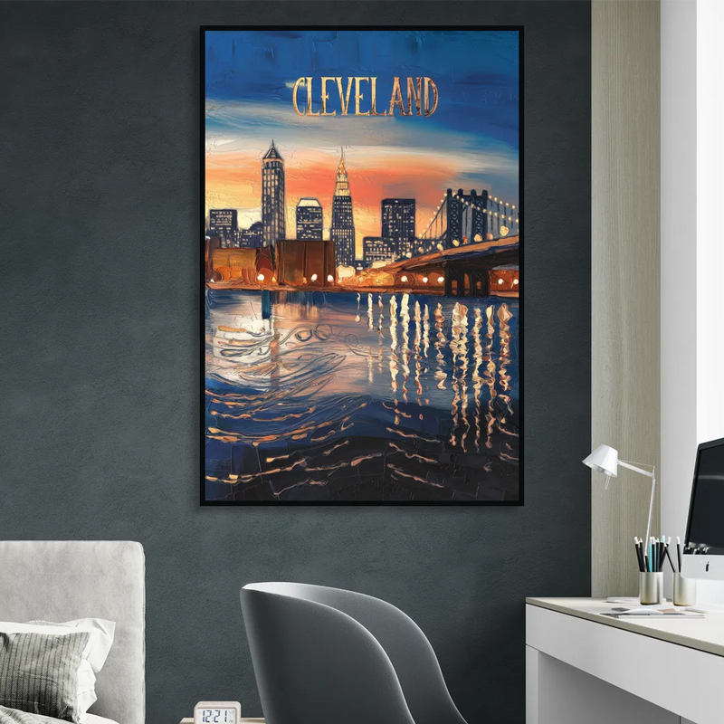 Cleveland Cityscape Panoramic Sitting Room - Black Canvas Wall Art