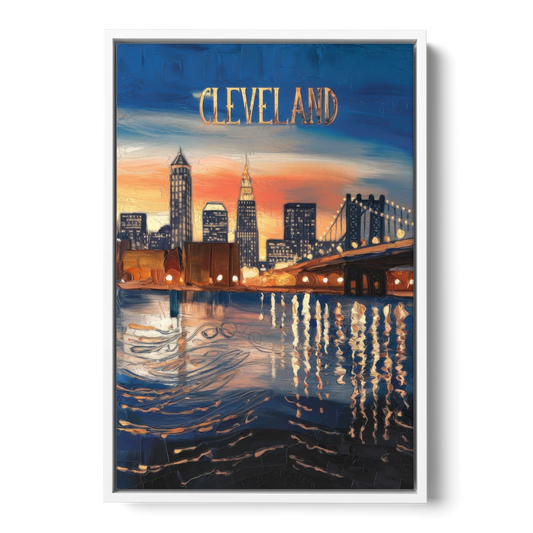 Cleveland Cityscape Panoramic - White Framed Canvas Wall Art - Front