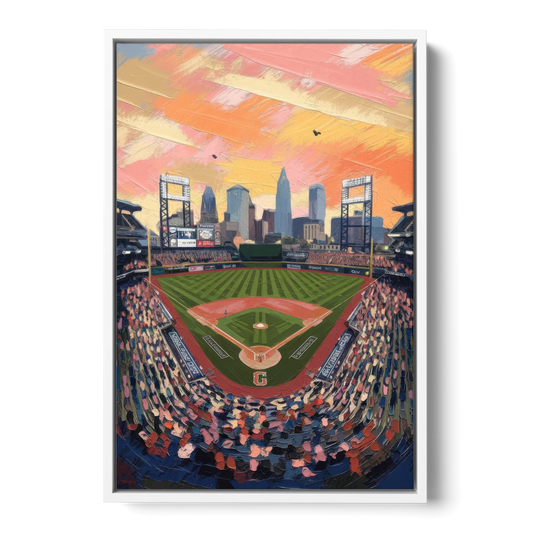 Cleveland Guardians Baseball Field - White Framed Canvas Wall Art - Front