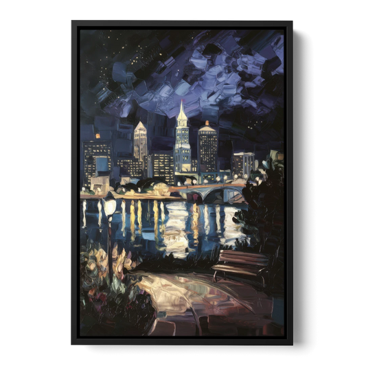 Cleveland Nighttime Lights - Black Framed Canvas Wall Art - Front