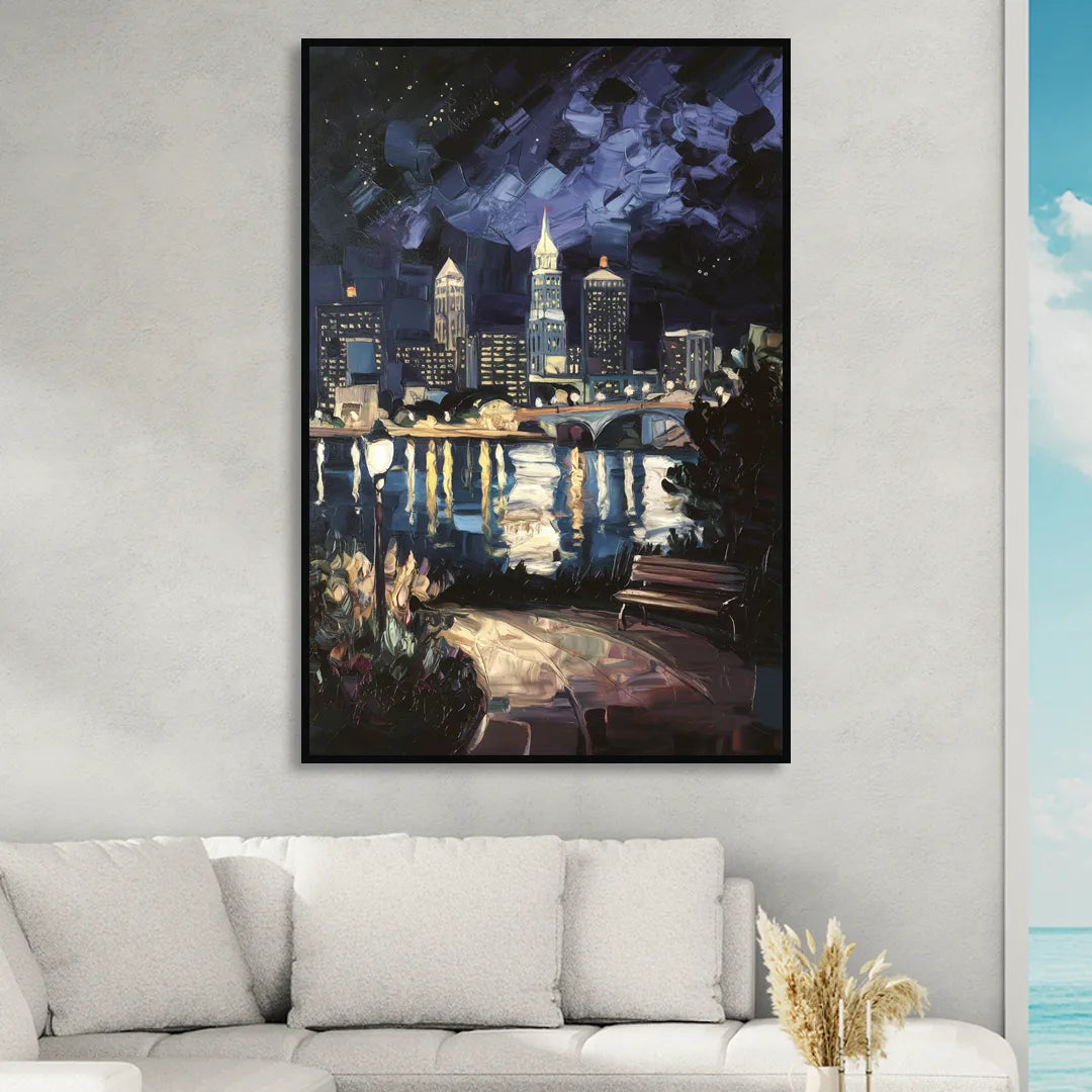 Cleveland Nighttime Lights Sitting Room - Black Canvas Wall Art