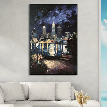 Cleveland Nighttime Lights Sitting Room - Black Canvas Wall Art