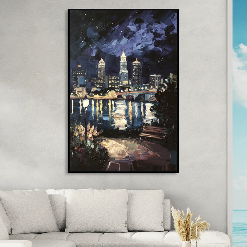 Cleveland Nighttime Lights Sitting Room - Black Canvas Wall Art
