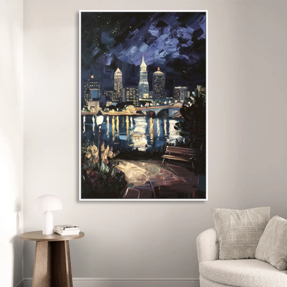 Cleveland Nighttime Lights Living Room - White Canvas Wall Art