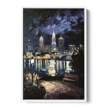 Cleveland Nighttime Lights Front - White Canvas Wall Art