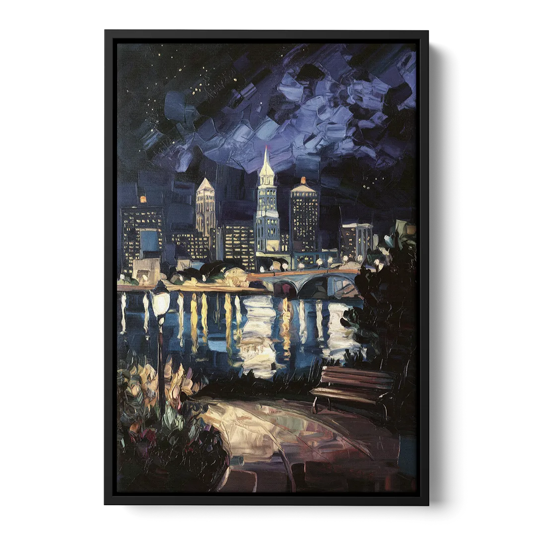 Cleveland Nighttime Lights Front - Black Canvas Wall Art