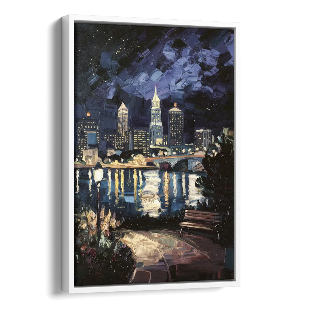 Cleveland Nighttime Lights Side - White Canvas Wall Art