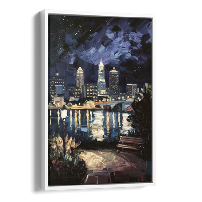 Cleveland Nighttime Lights Side - White Canvas Wall Art