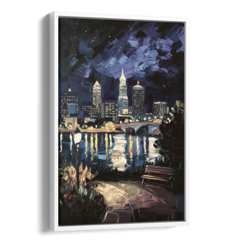 Cleveland Nighttime Lights Side - White Canvas Wall Art