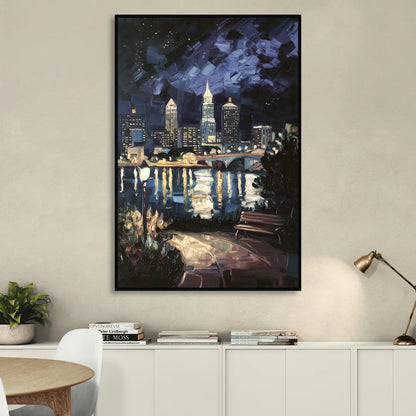 Cleveland Nighttime Lights Living Room - Black Canvas Wall Art