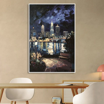 Cleveland Nighttime Lights Sitting Room - White Canvas Wall Art