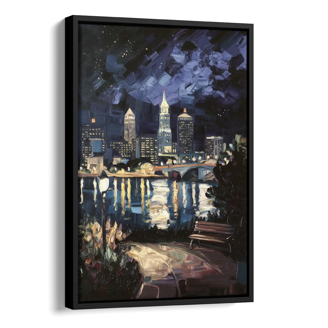 Cleveland Nighttime Lights Side - Black Canvas Wall Art