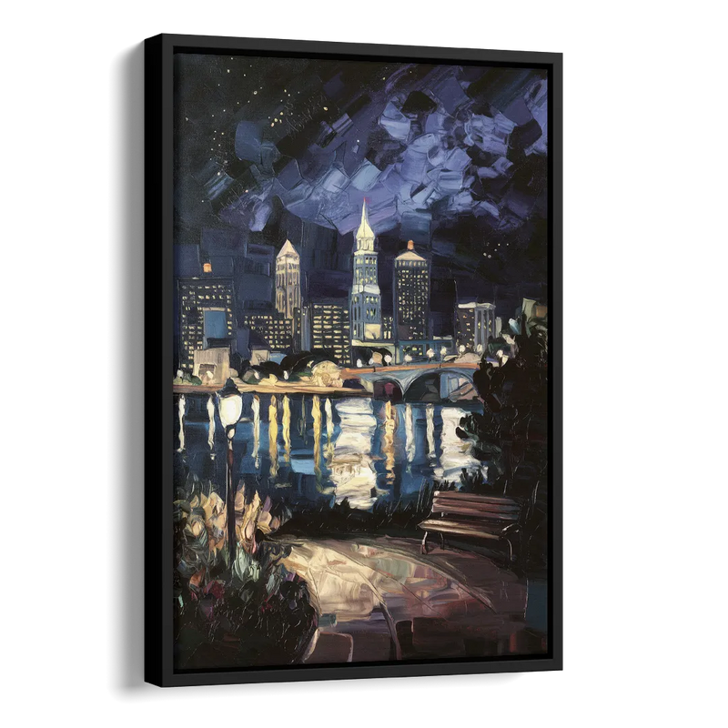 Cleveland Nighttime Lights Side - Black Canvas Wall Art