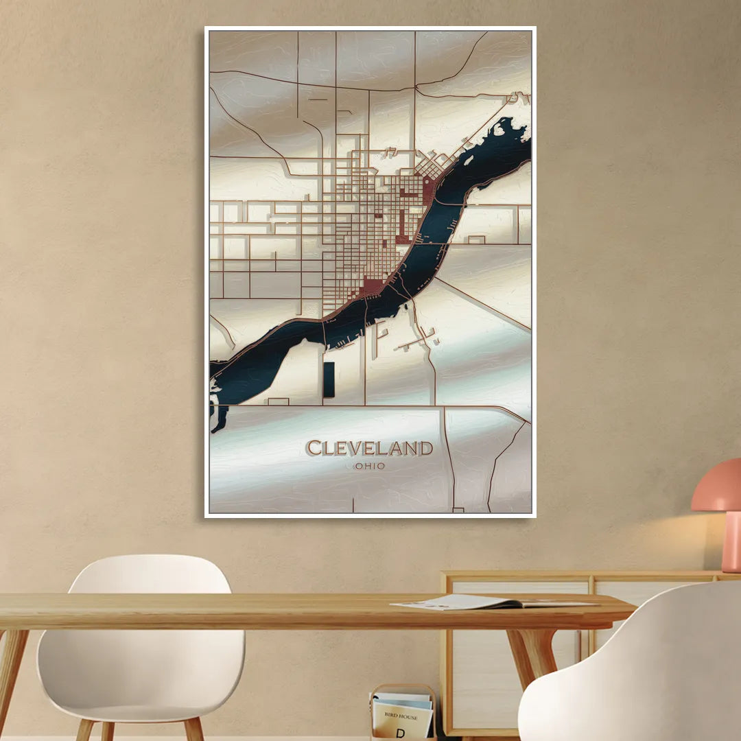 Cleveland Ohio Map Design Living Room - White Canvas Wall Art