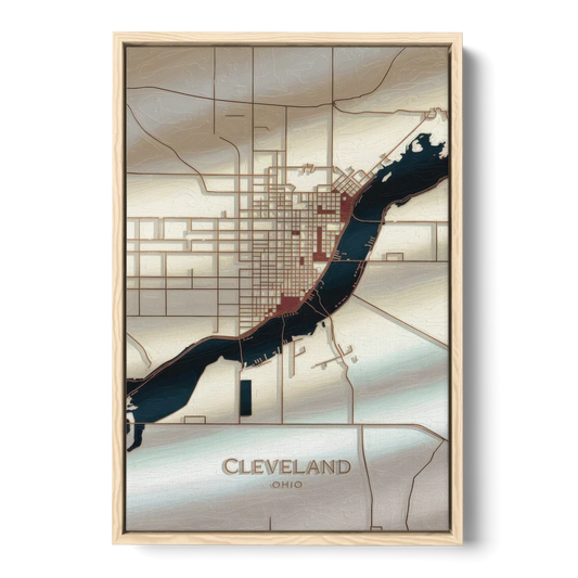 Cleveland Ohio Map Design - Oak Framed Canvas Wall Art - Front