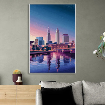 Cleveland Ohio Skyline Silhouette Sitting Room - White Canvas Wall Art