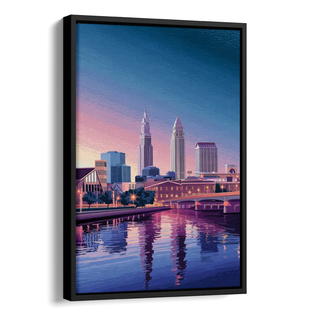 Cleveland Ohio Skyline Silhouette Side - Black Canvas Wall Art