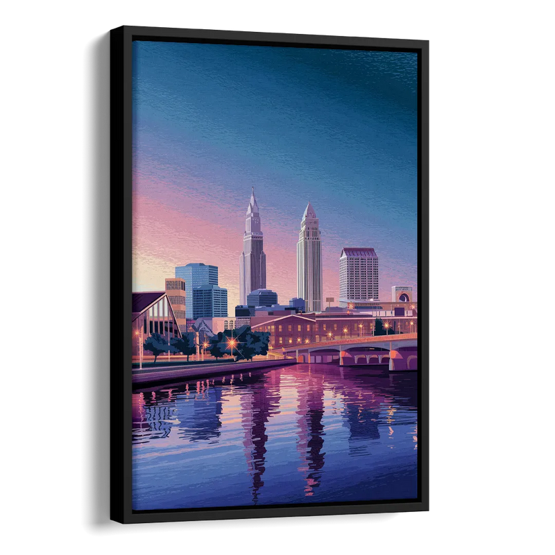 Cleveland Ohio Skyline Silhouette Side - Black Canvas Wall Art