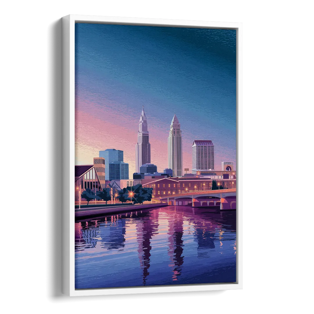 Cleveland Ohio Skyline Silhouette Side - White Canvas Wall Art