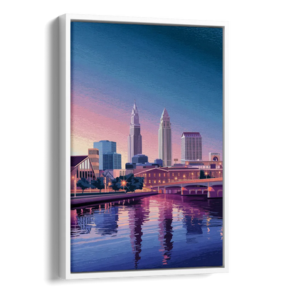 Cleveland Ohio Skyline Silhouette Side - White Canvas Wall Art