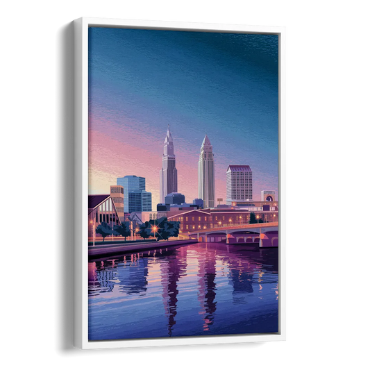 Cleveland Ohio Skyline Silhouette Side - White Canvas Wall Art