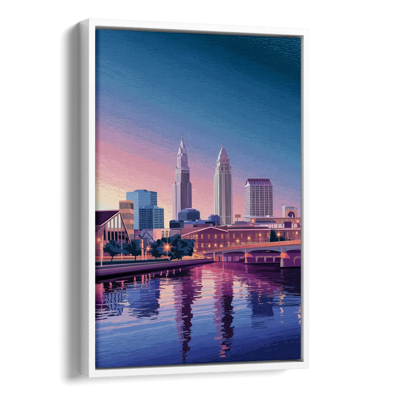Cleveland Ohio Skyline Silhouette Side - White Canvas Wall Art