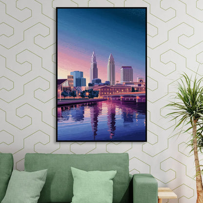 Cleveland Ohio Skyline Silhouette Sitting Room - Black Canvas Wall Art