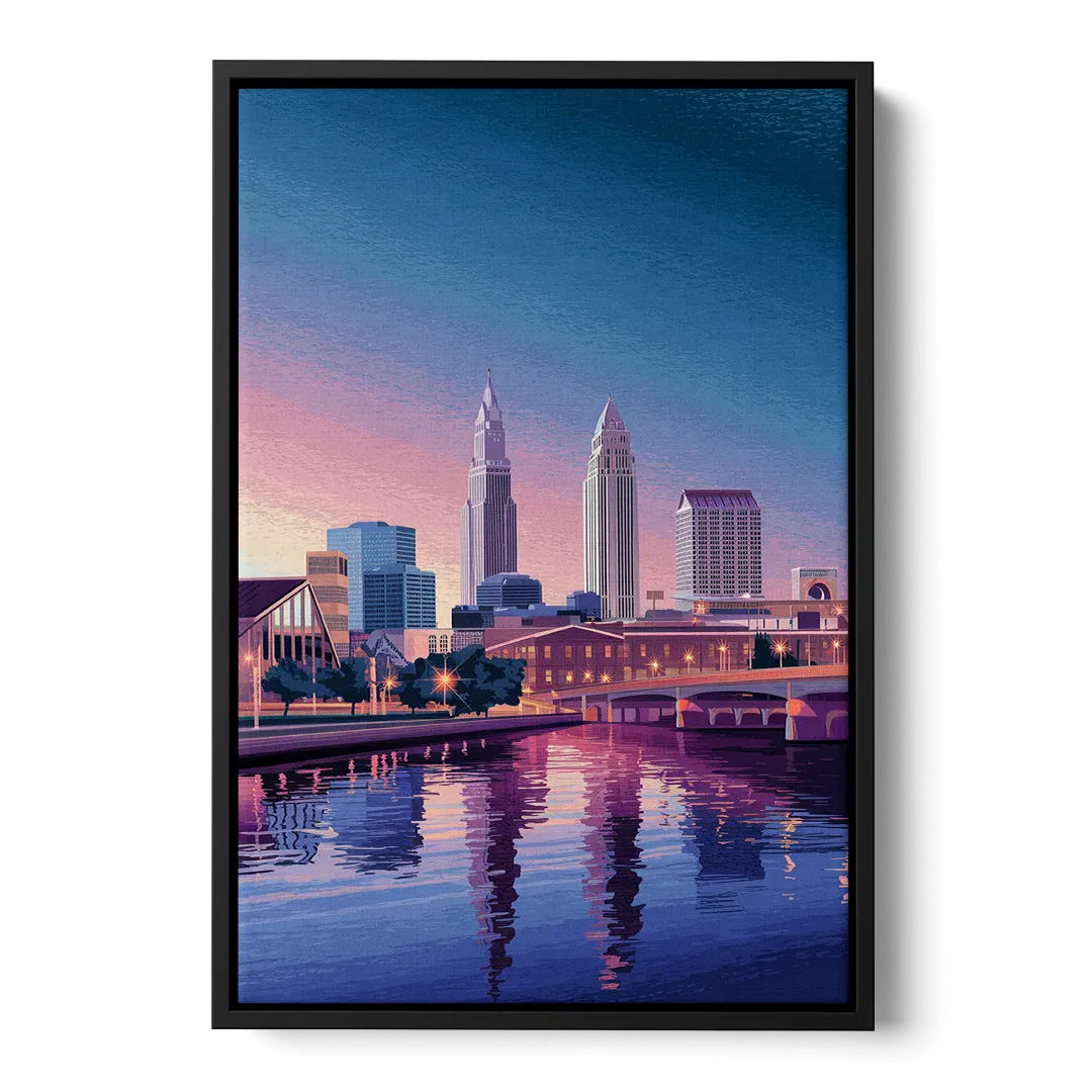 Cleveland Ohio Skyline Silhouette Front - Black Canvas Wall Art