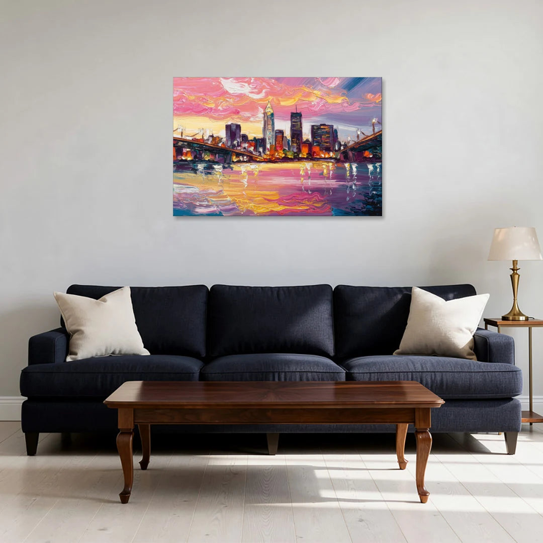 Cleveland Skyline At Sunset - Canvas Wall Art - Sofa - 36x24
