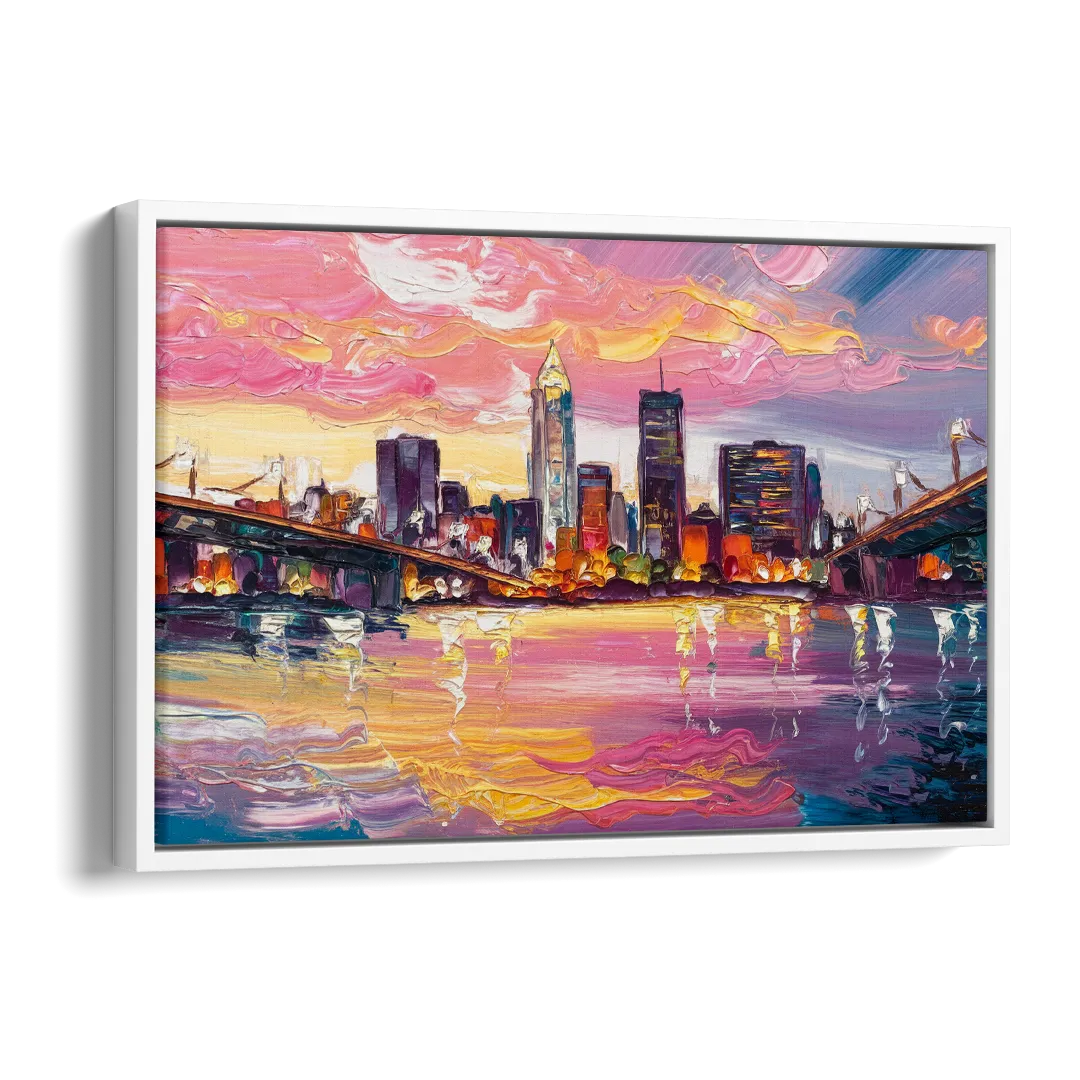 Cleveland Skyline At Sunset Side - White Canvas Wall Art