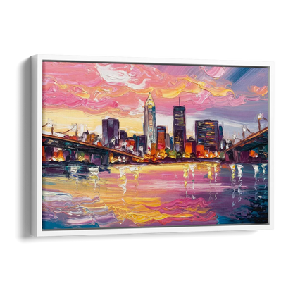 Cleveland Skyline At Sunset Side - White Canvas Wall Art