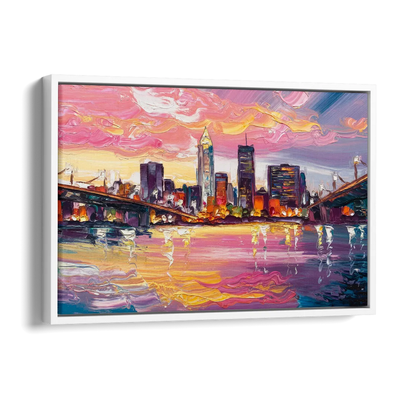 Cleveland Skyline At Sunset Side - White Canvas Wall Art