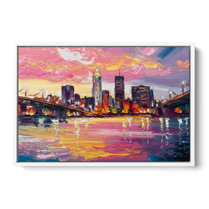 Cleveland Skyline At Sunset Front - White Canvas Wall Art