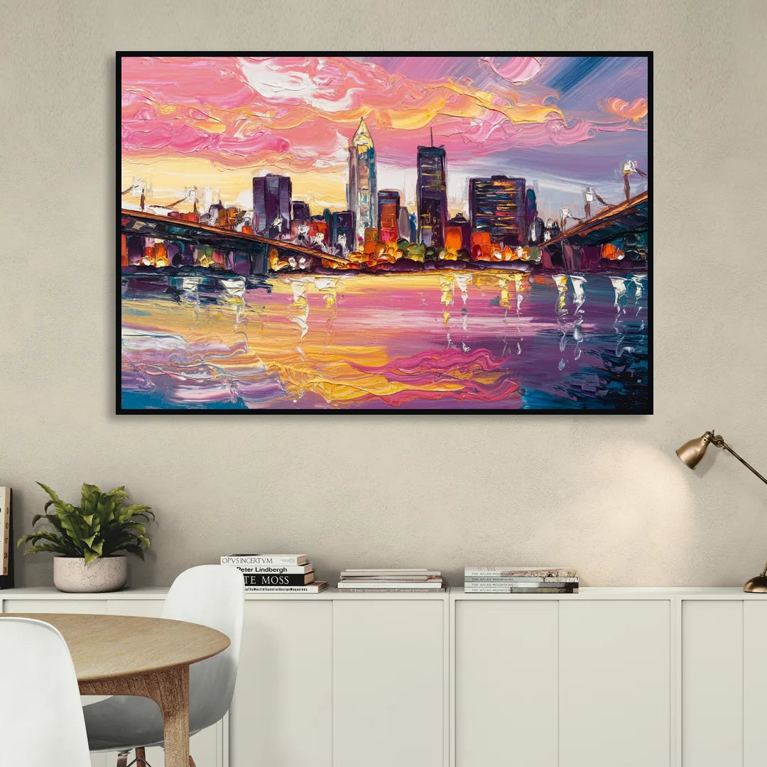 Cleveland Skyline At Sunset Living Room - Black Canvas Wall Art