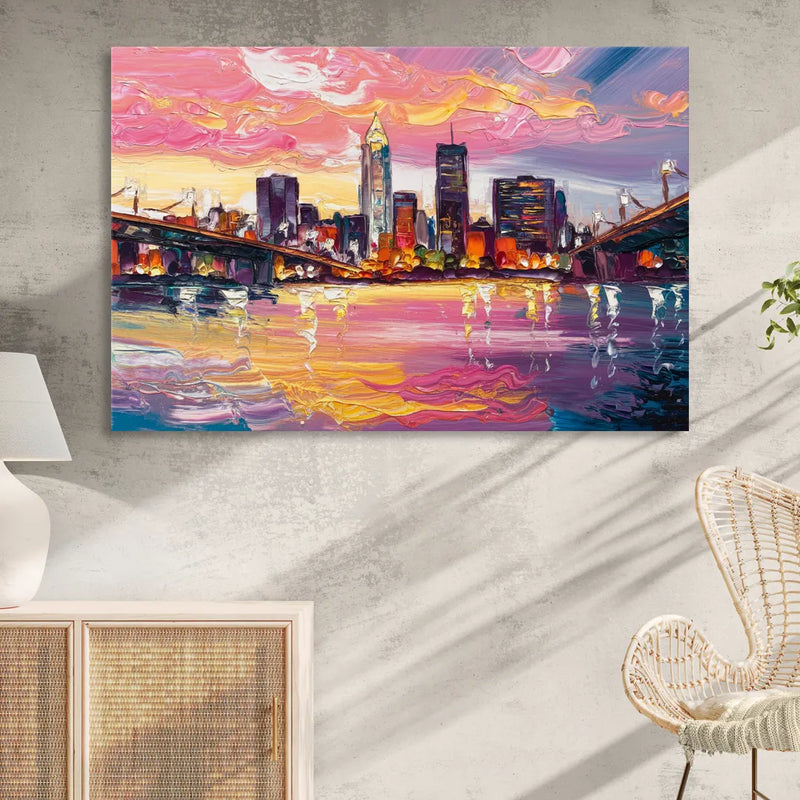 Cleveland Skyline At Sunset Living Room - Canvas Wall Art