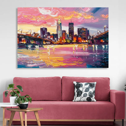 Cleveland Skyline At Sunset Sitting Room - Canvas Wall Art