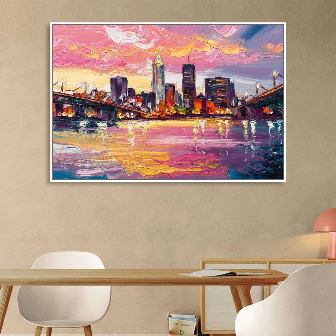 Cleveland Skyline At Sunset Sitting Room - White Canvas Wall Art