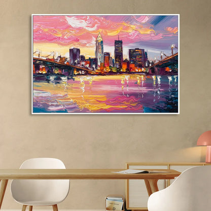 Cleveland Skyline At Sunset Sitting Room - White Canvas Wall Art