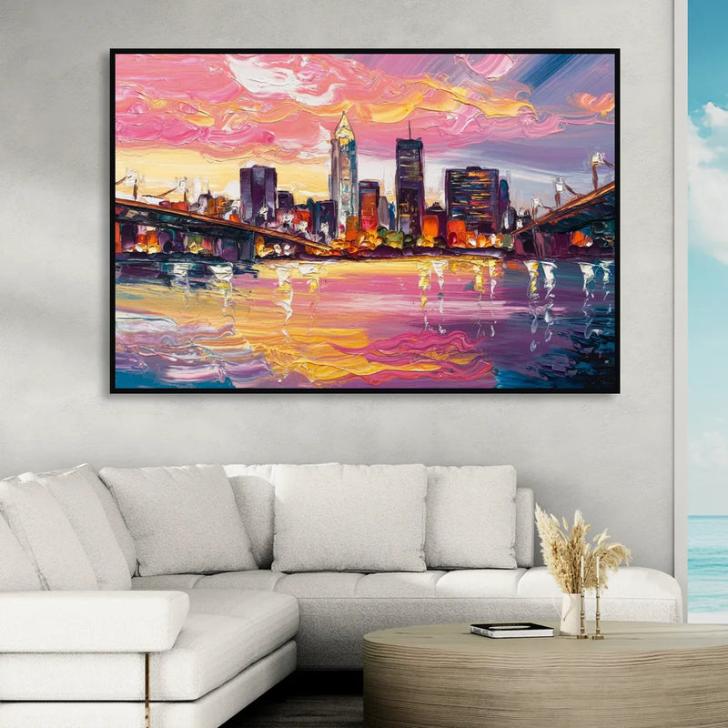 Cleveland Skyline At Sunset Sitting Room - Black Canvas Wall Art