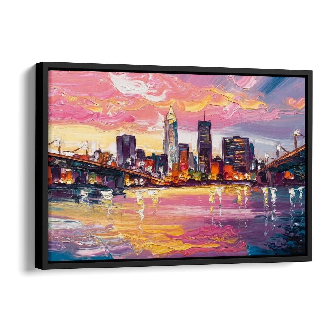 Cleveland Skyline At Sunset Side - Black Canvas Wall Art