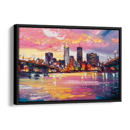 Cleveland Skyline At Sunset Side - Black Canvas Wall Art