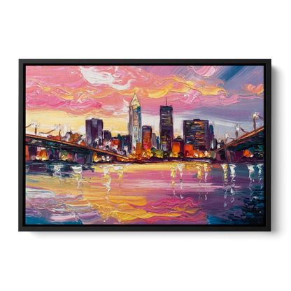 Cleveland Skyline At Sunset Front - Black Canvas Wall Art