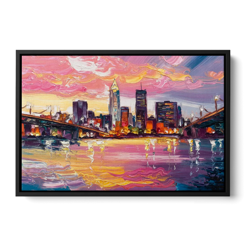 Cleveland Skyline At Sunset Front - Black Canvas Wall Art