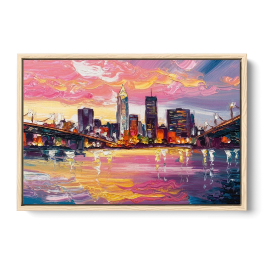 Cleveland Skyline At Sunset - Oak Framed Canvas Wall Art - Front
